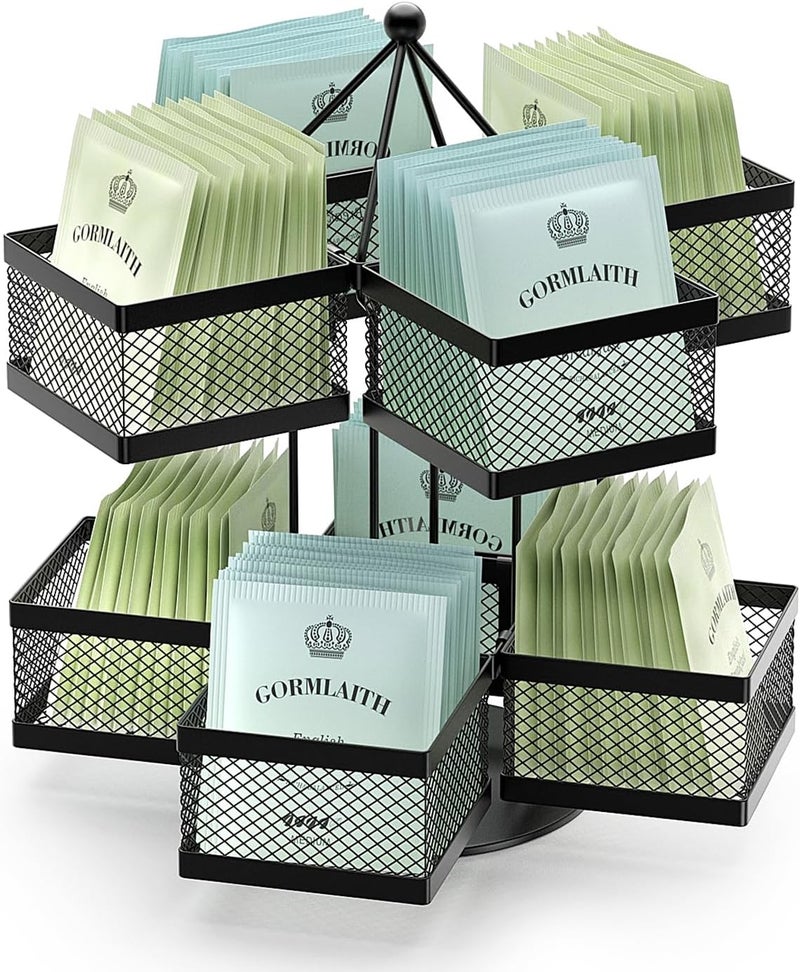 VOGWOLTH Tea Bag Organizer, Tea Bag Storage Holder Spinning Carousel 96 Teabags Container, Lazy Susan Coffee Creamer Sweetener Tea Caddy for Kitchen Counter Cabinet Pantry Shelf Organizer - Image 1